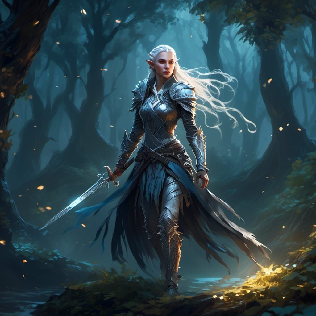 Pale Elf Warrior in Moonlit Forest, Fantasy Art