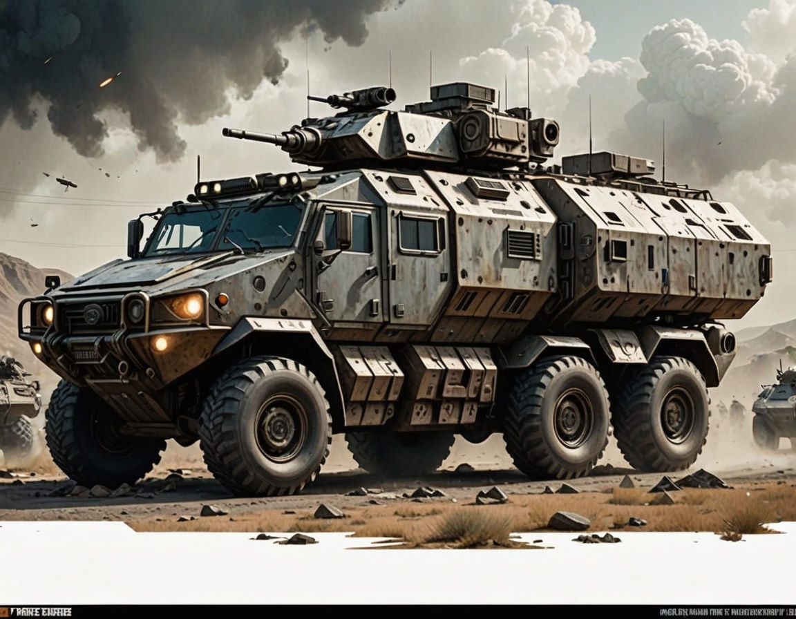 armored transport, Futuristic concept art. Medium shot. Realistic sci-fi armored troop transport six wheeled vehicle pro...