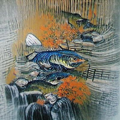 Surreal Waterfall Fish Sushi Woodcut: Impressionism Meets Gi...
