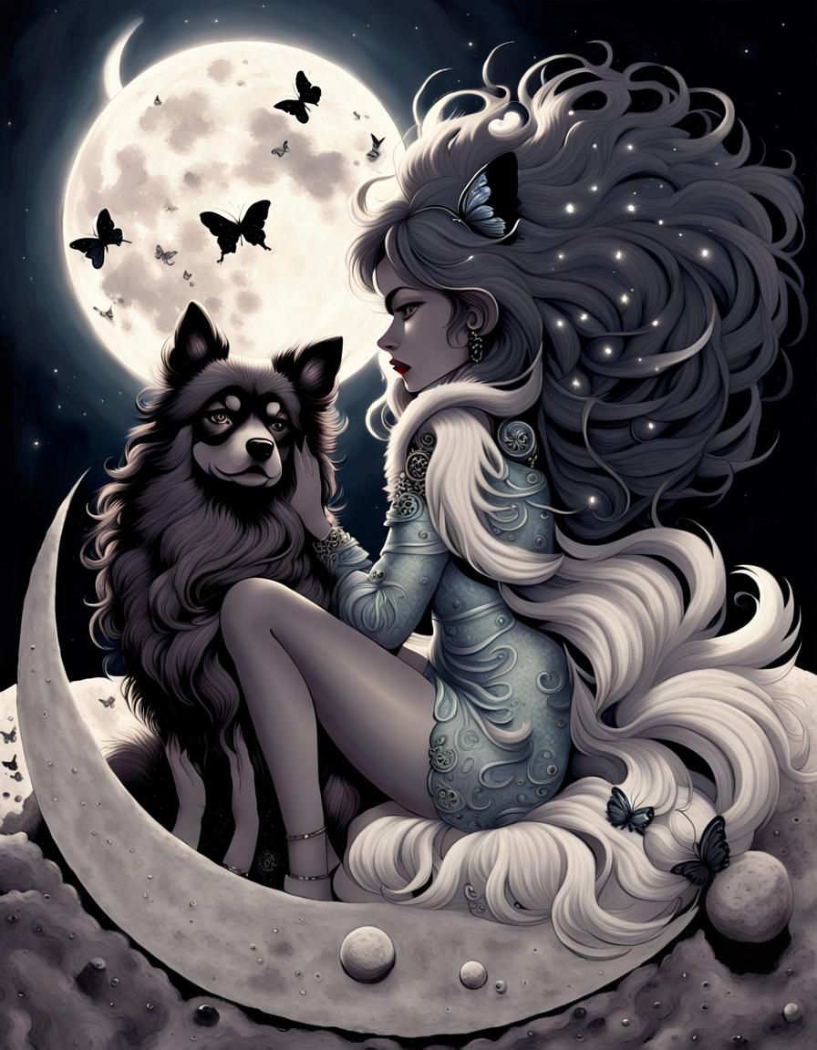 Moonlit Woman with Canine Hair in Ink Art
