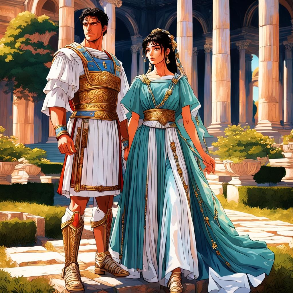Anime-Style Roman Couple in Classical Setting