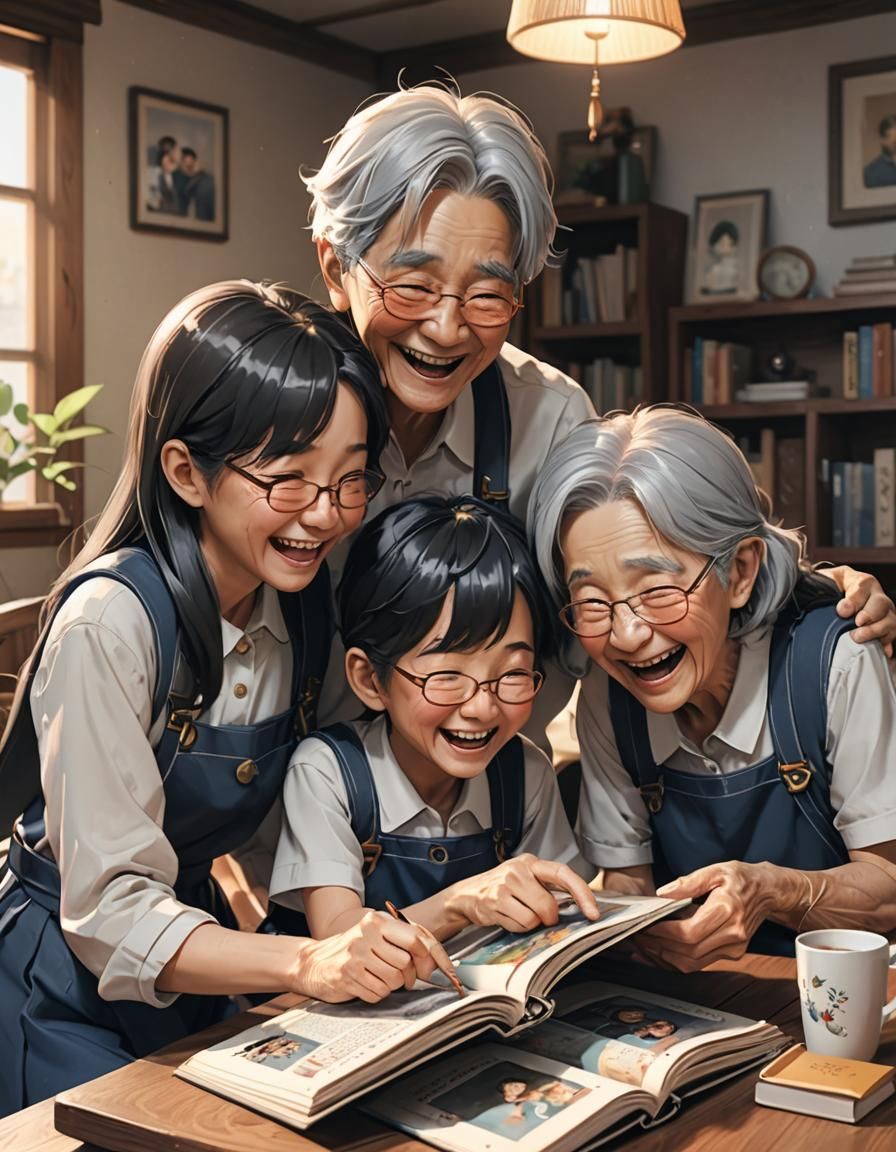 Elderly Siblings Laughing at Photo Album in 3D Anime Art