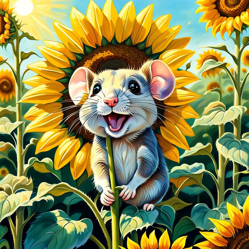 Mouse Behind Sunflower in Chalk-Art Caricature