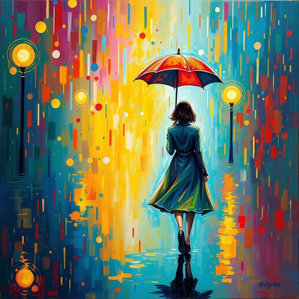 Rainy Whimsy: Woman's Solo Journey in Vibrant Rainbow Hues