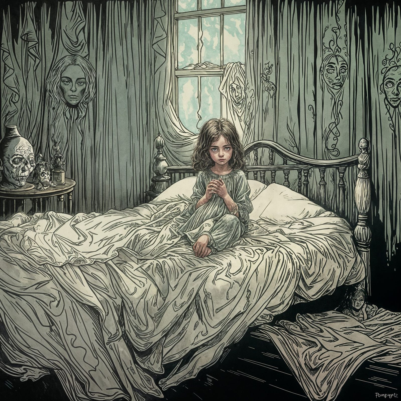 Vintage Storybook Boogeyman Lurks in Dark Bedroom