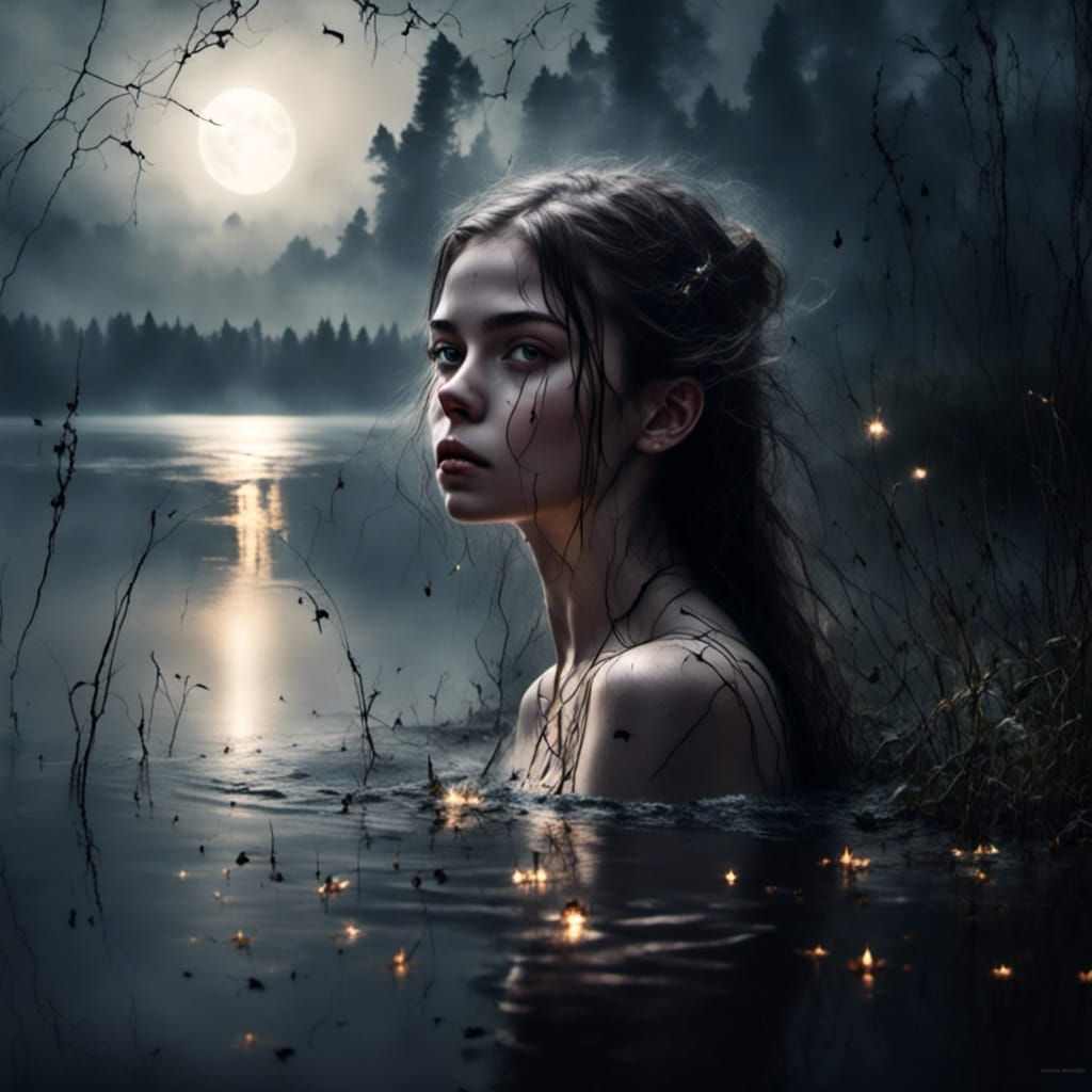 Night Lake Scene with Fireflies and Bather