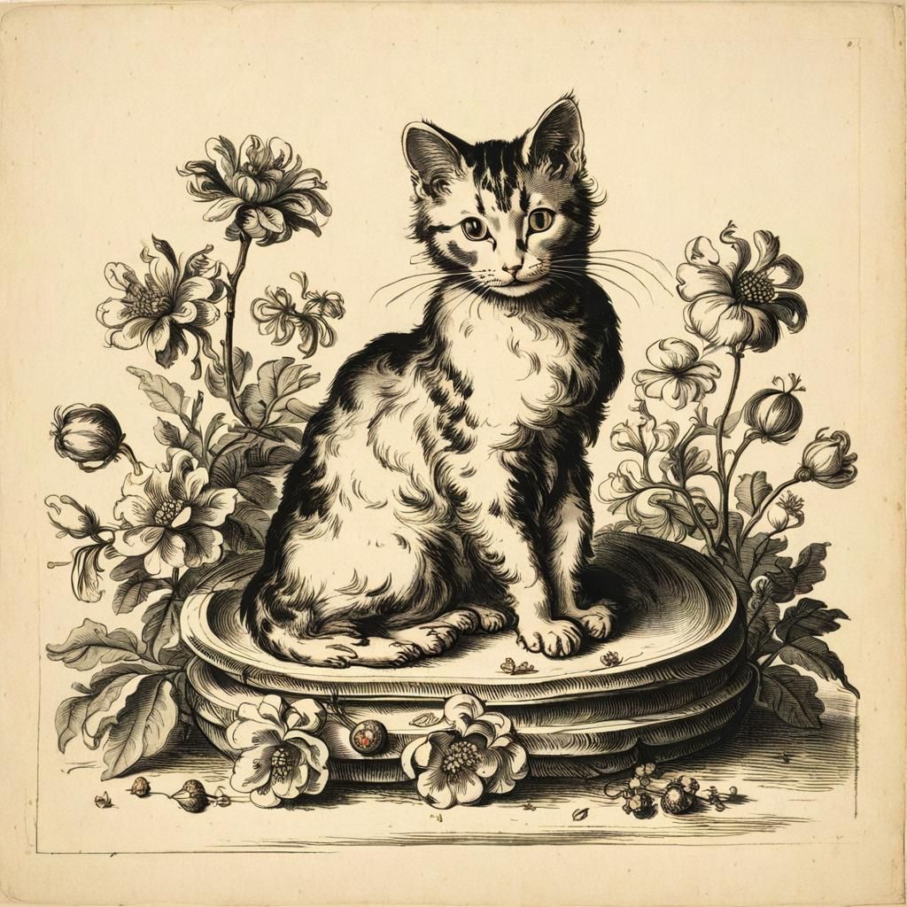 Cute Cat Surrounded by Flowers, Etching Style