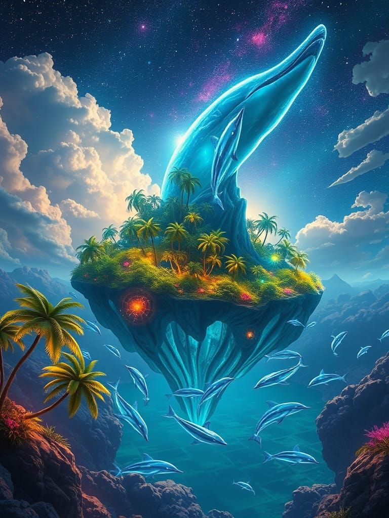 Ethereal Cosmos - Floating Isle with Bioluminescent Dolphins...