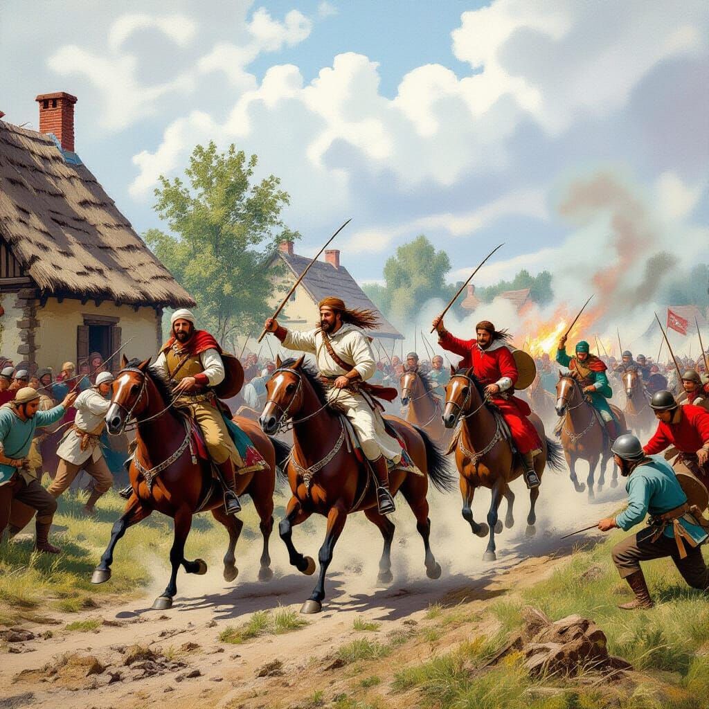 Tatar Cavalry Attack on Village