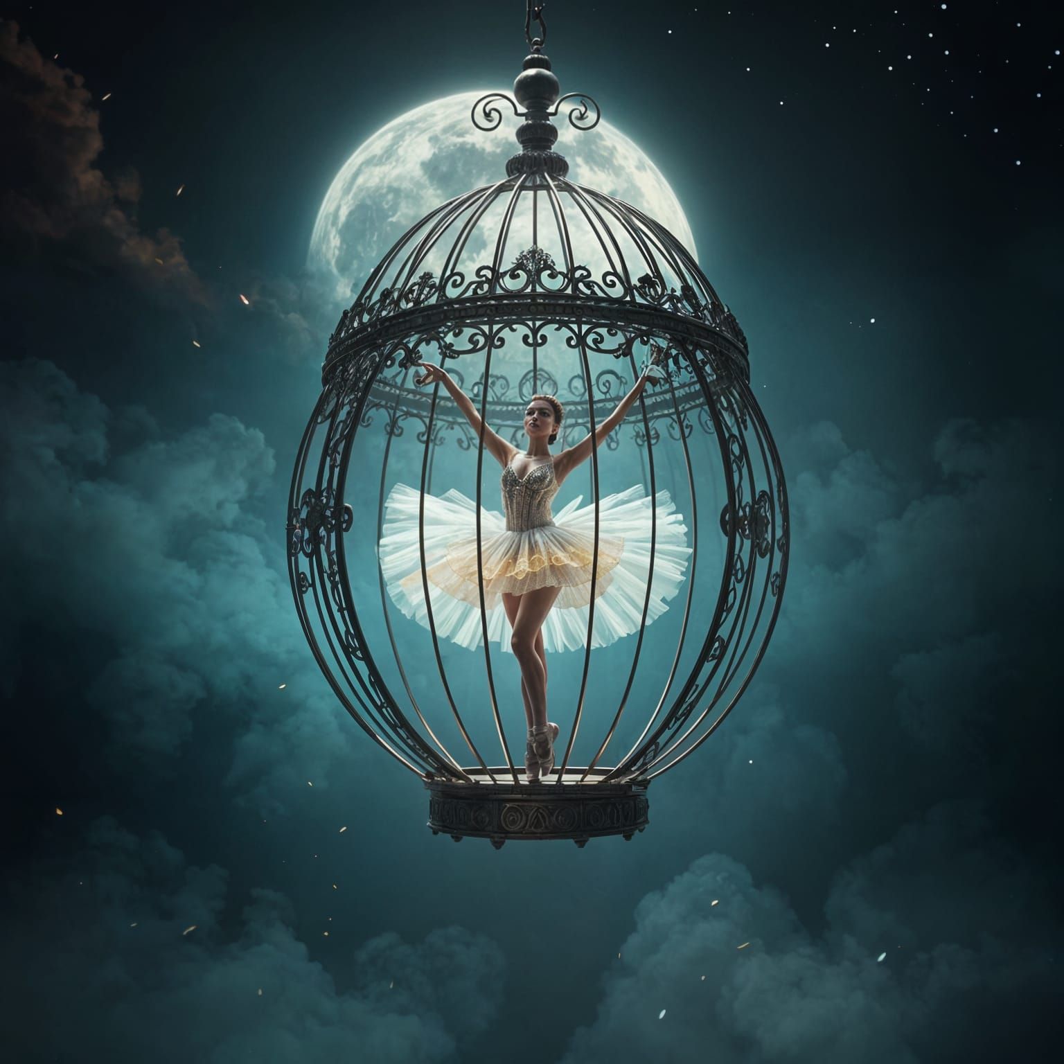 Ballerina in Metal Cage: Dramatic Digital Painting
