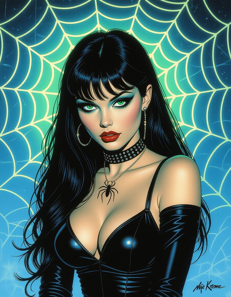 Deathrock Girl with Spiderweb in 80s Fantasy Art