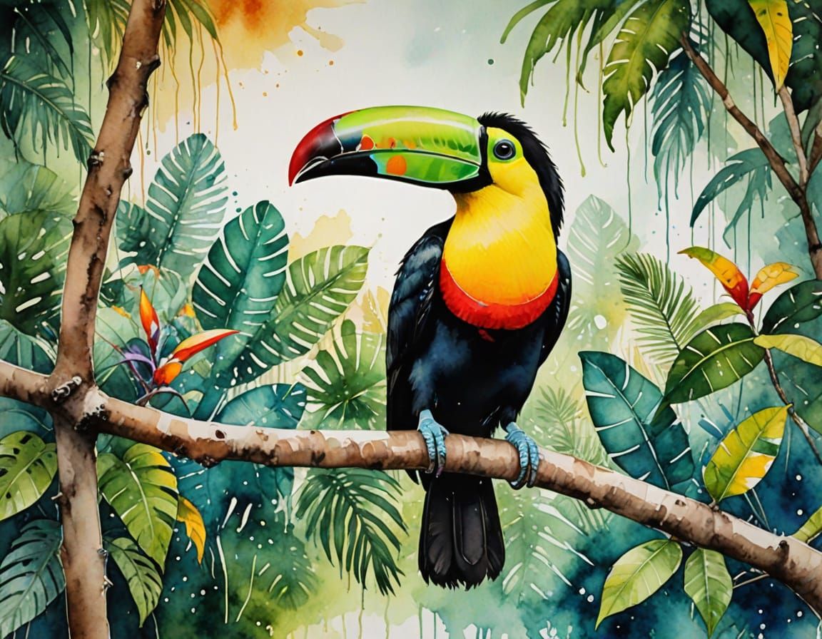 Vibrant Tropical Bird Perched on Tree Branch in Whimsical Wa...