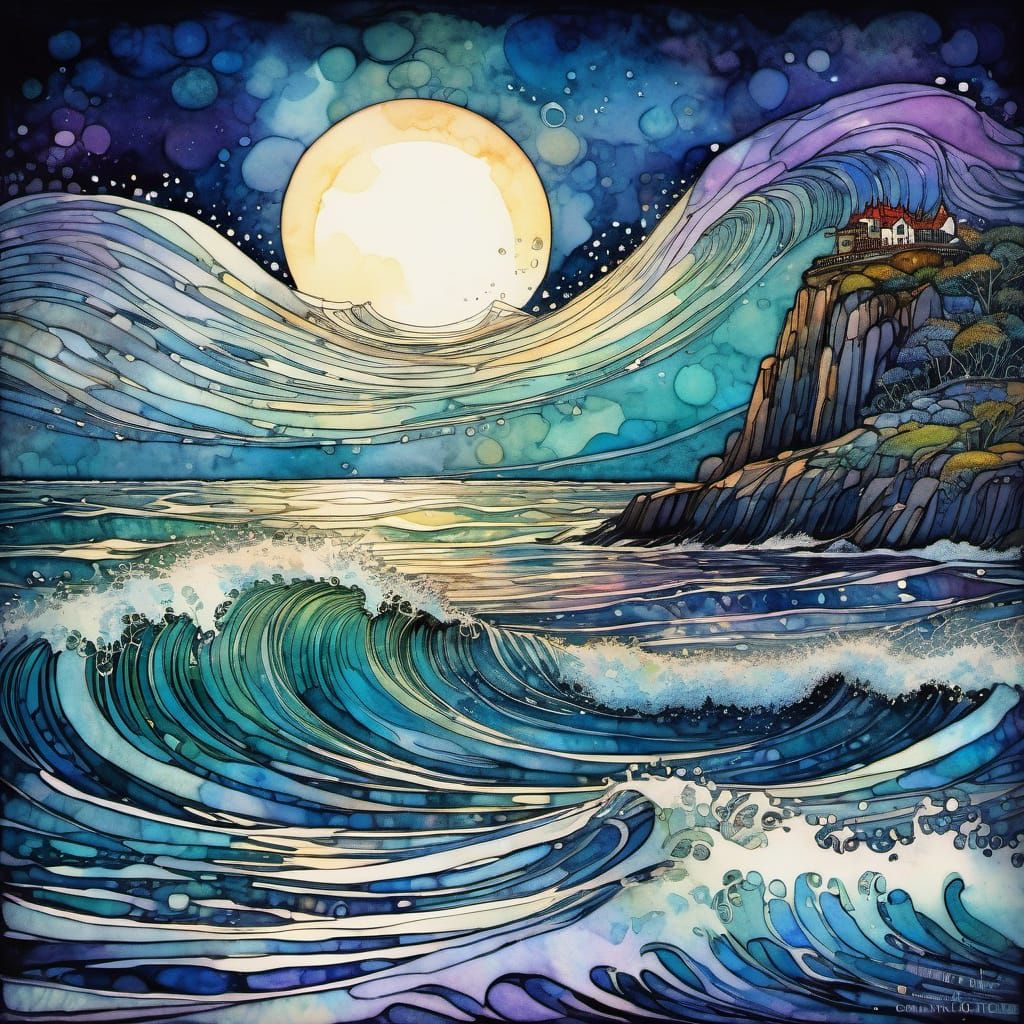 Moonlit Wave Inspired by Klimt and Nielsen