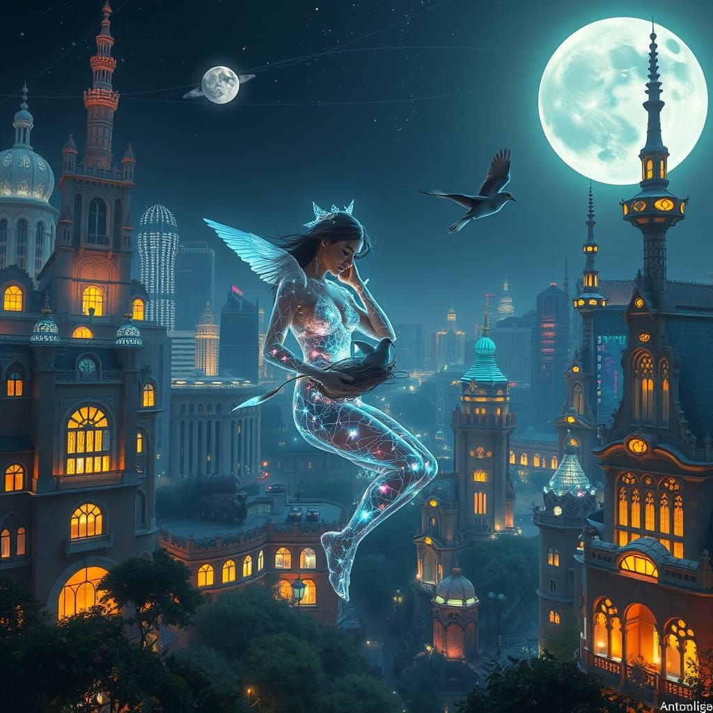 Bioluminescent Patterns Over Antoni Gaudí Cityscape