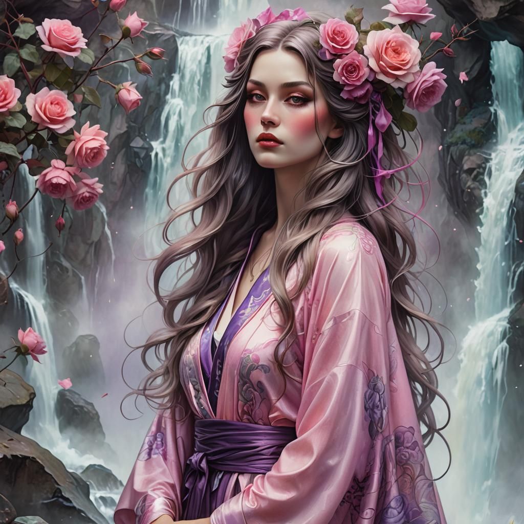 A pin up girl with long flowing hair, dressed in a pink KIMONO with purple roses, standing in a waterfall with a more im...
