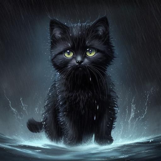 Drenched Anime Kitten in Rainstorm, Cel-Shaded Style