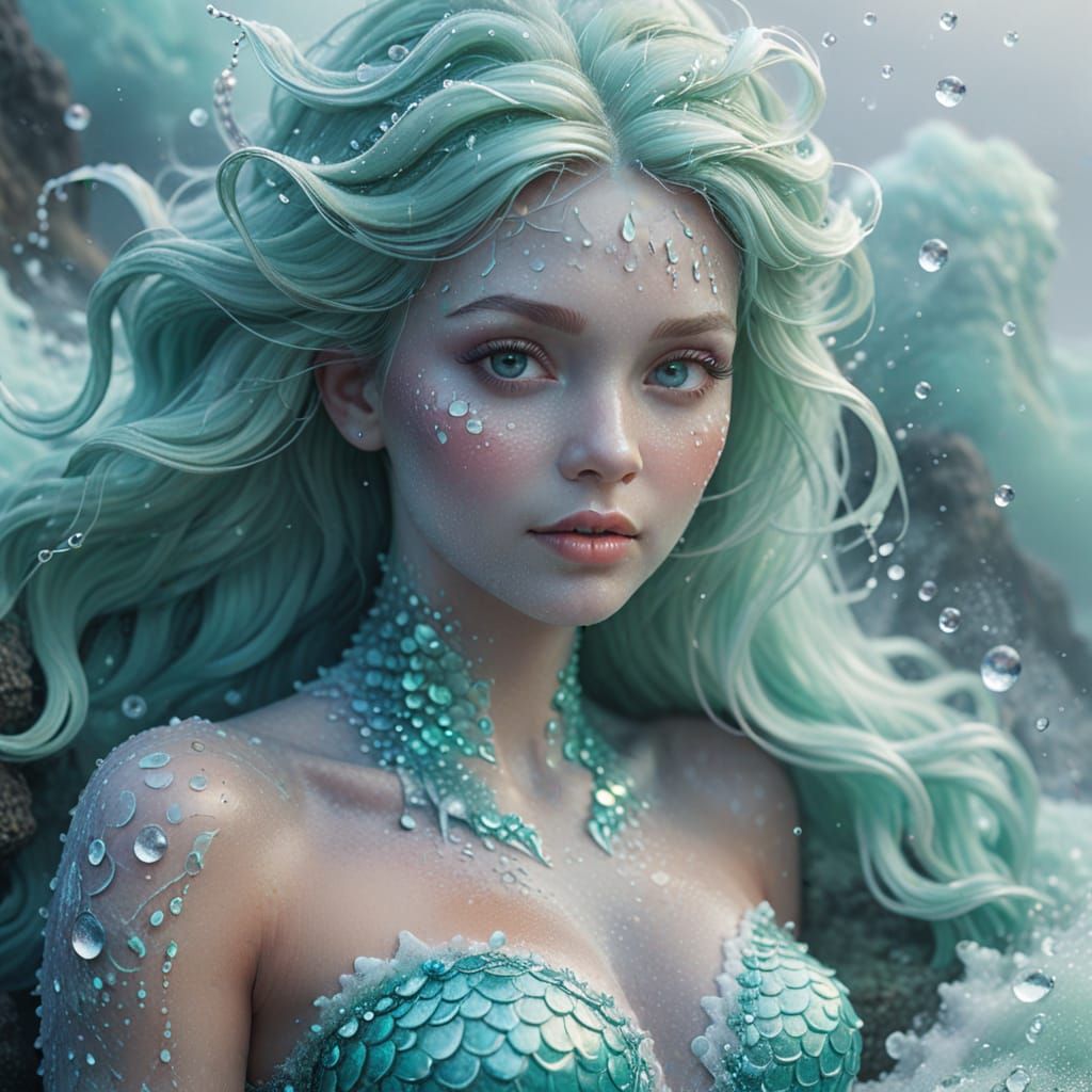 Sea Foam Mermaid on Misty Coast: Digital Portrait