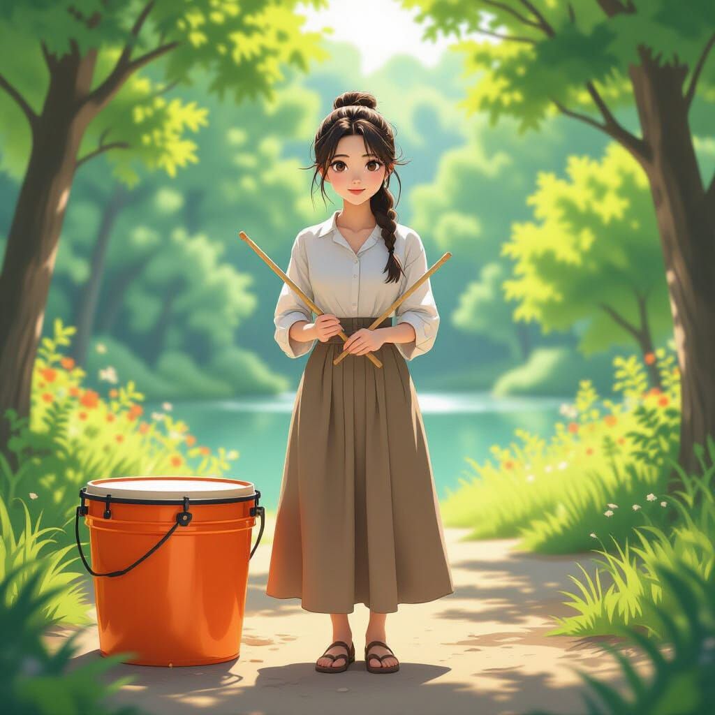 Modest Woman Drummer in Nature Reserve: Anime Style