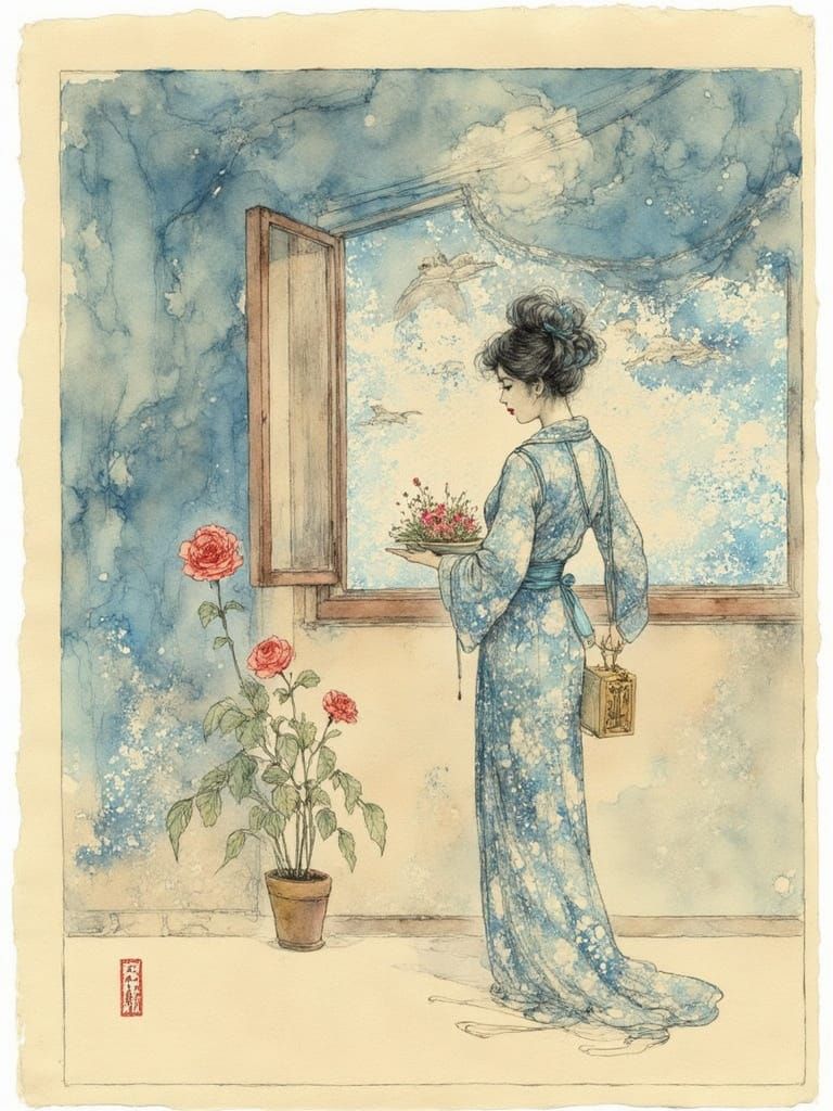 Dreamy Japanese Landscape in Art Nouveau Style