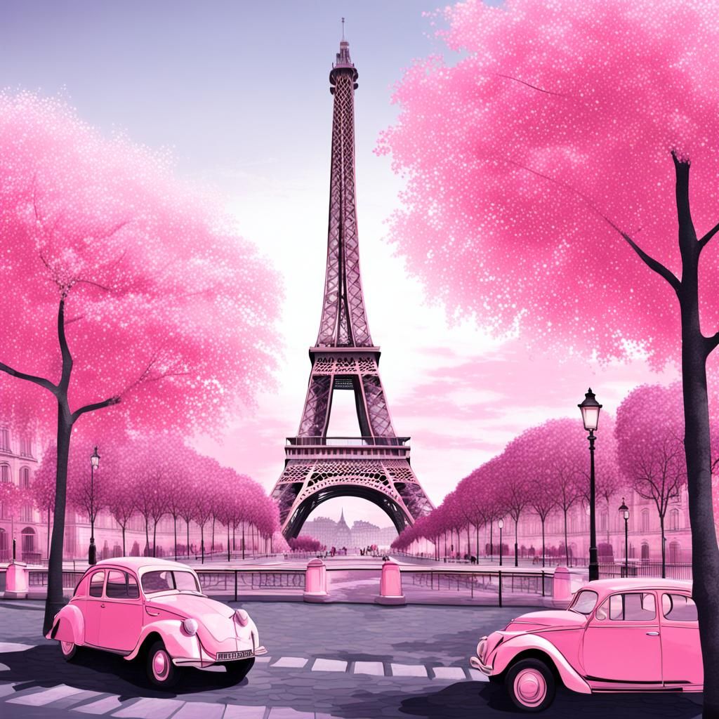 Romantic Pink Parisian Scene with Eiffel Tower