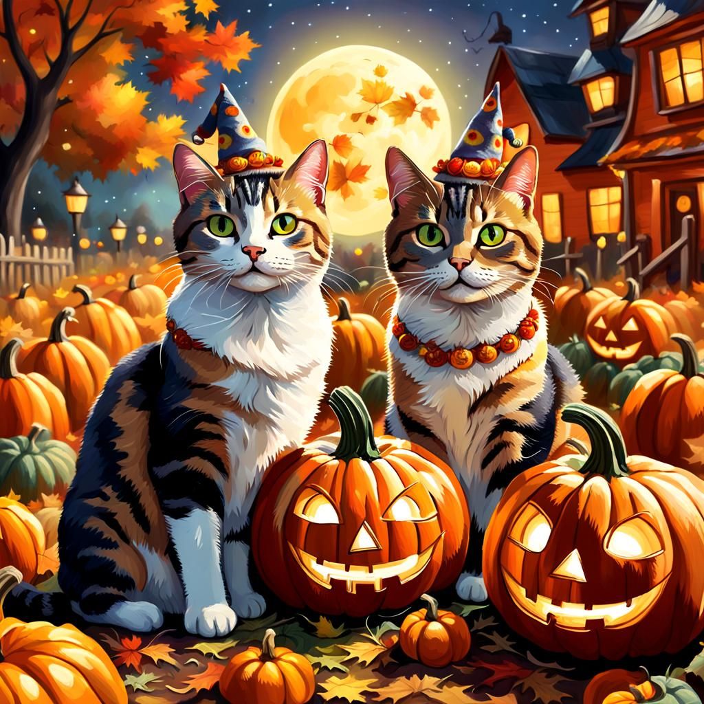 Festive Cats in Pumpkin Patch: Hyperrealistic Concept Art