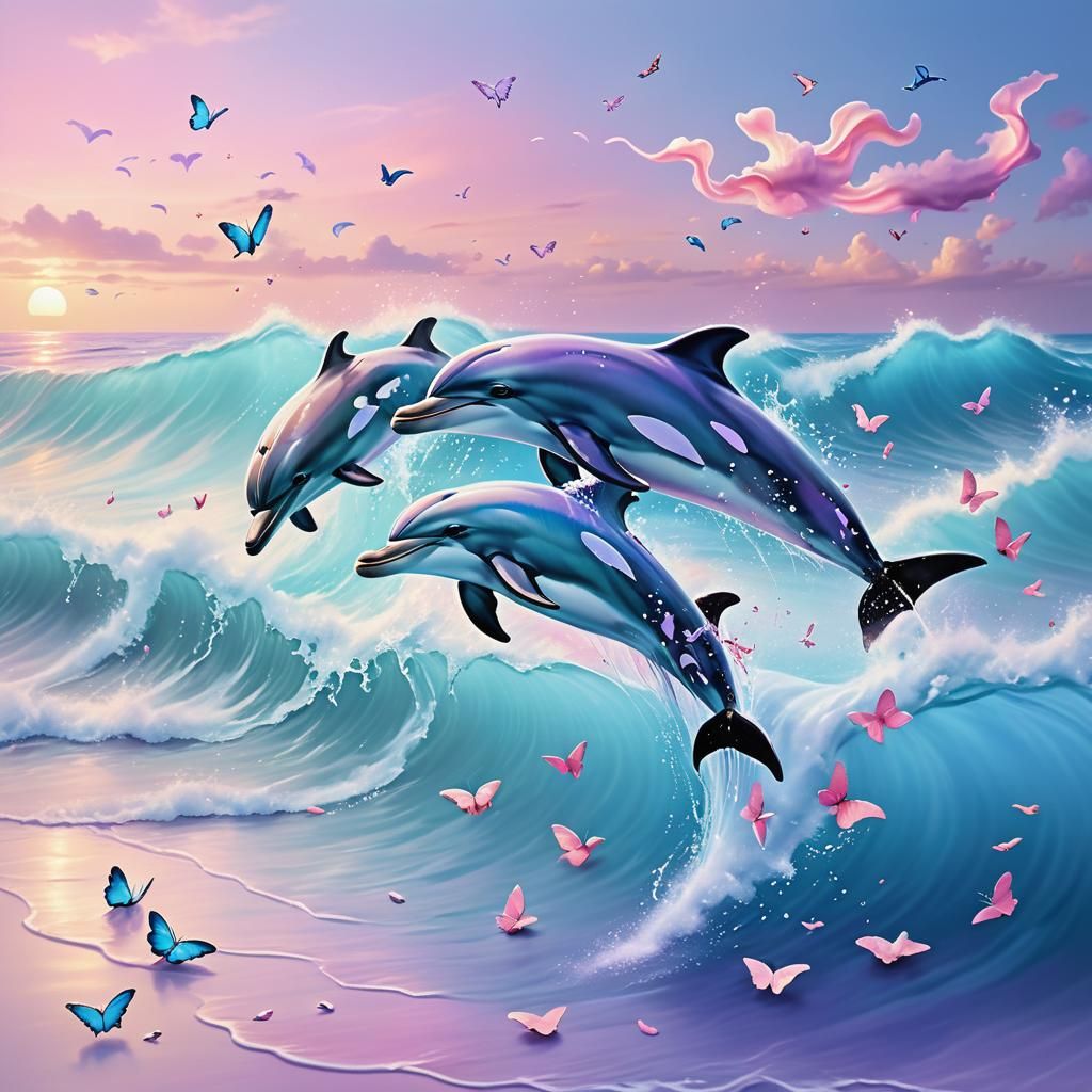 Dolphins Leaping Through Pastel Waves in Splash Art
