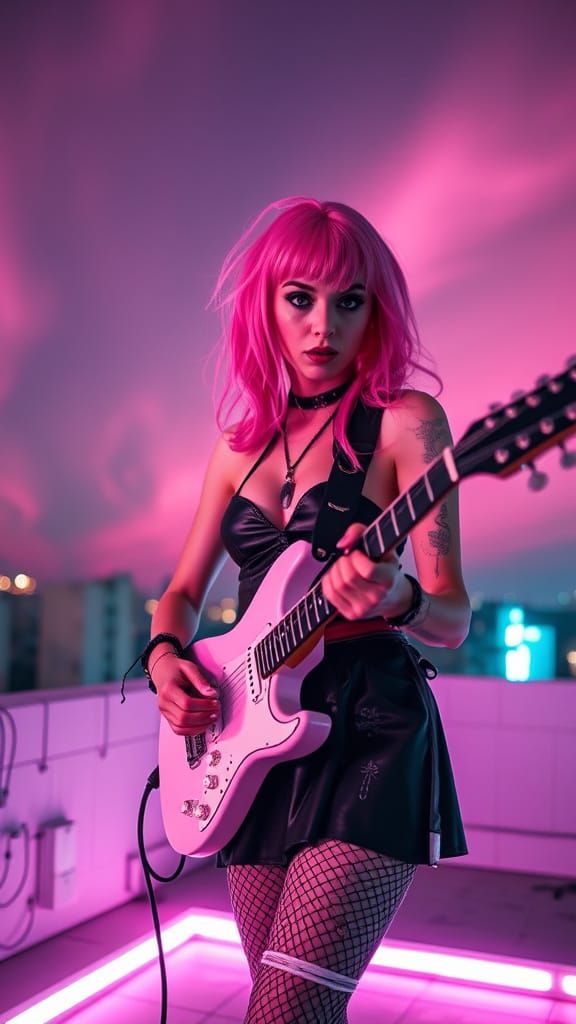 Goth Punk Woman with Guitar on Neon Rooftop