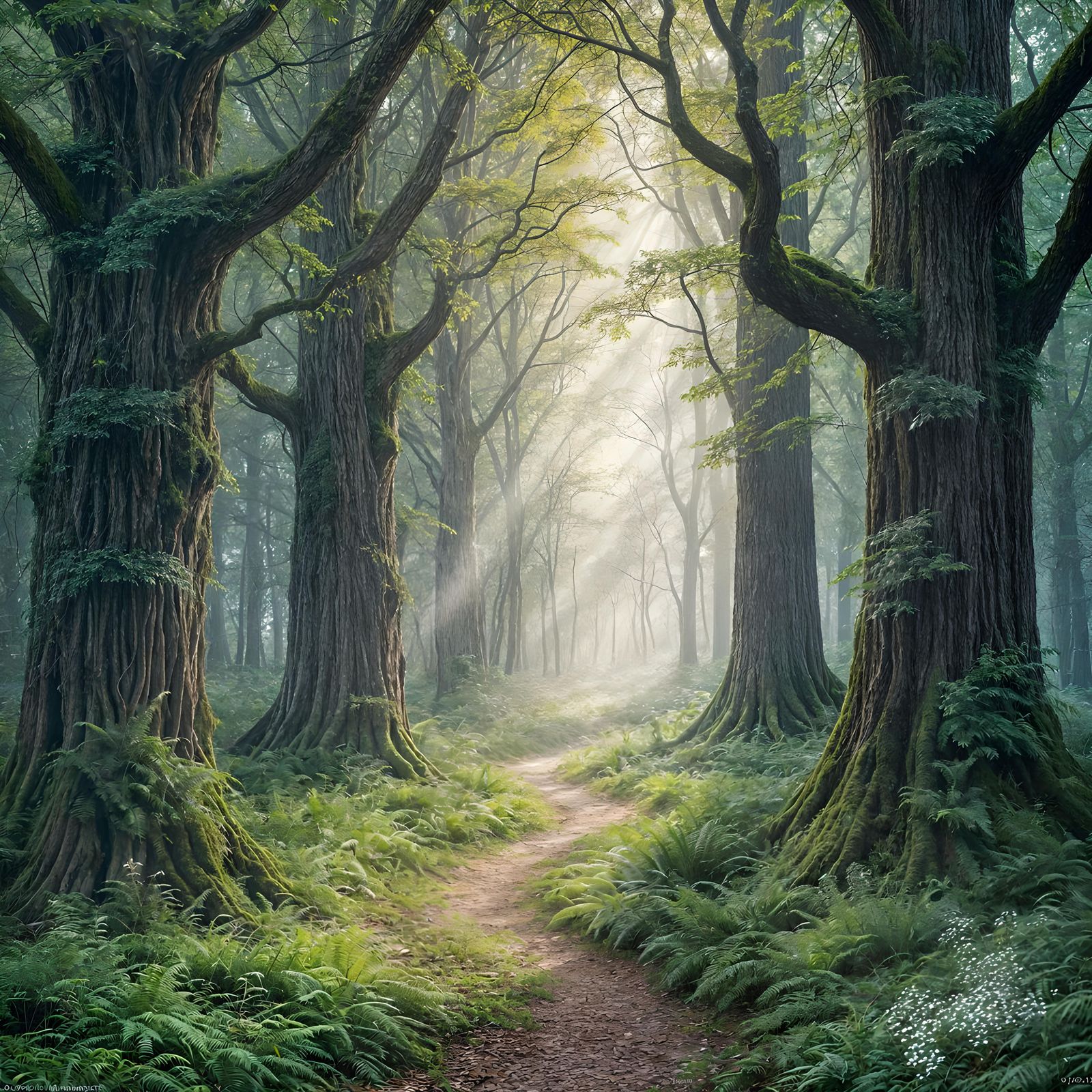 Misty Forest at Dawn with Sunlight