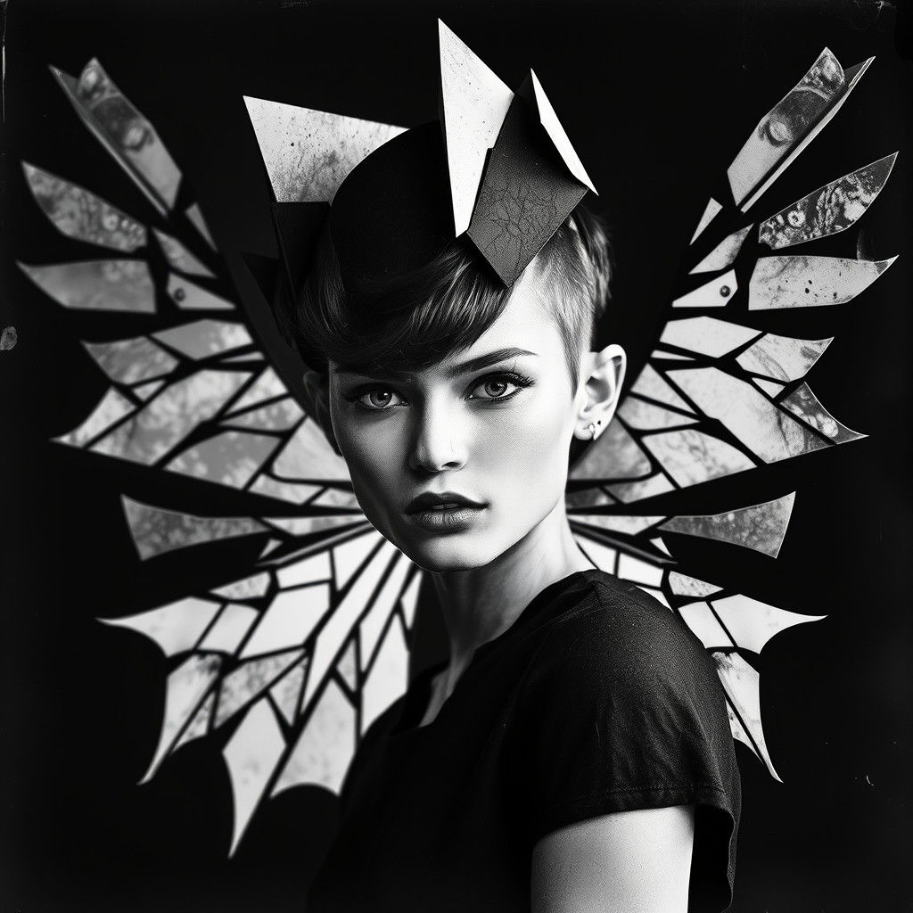 Avant-Garde Supermodel with Geometric Wings in Photogram Sty...