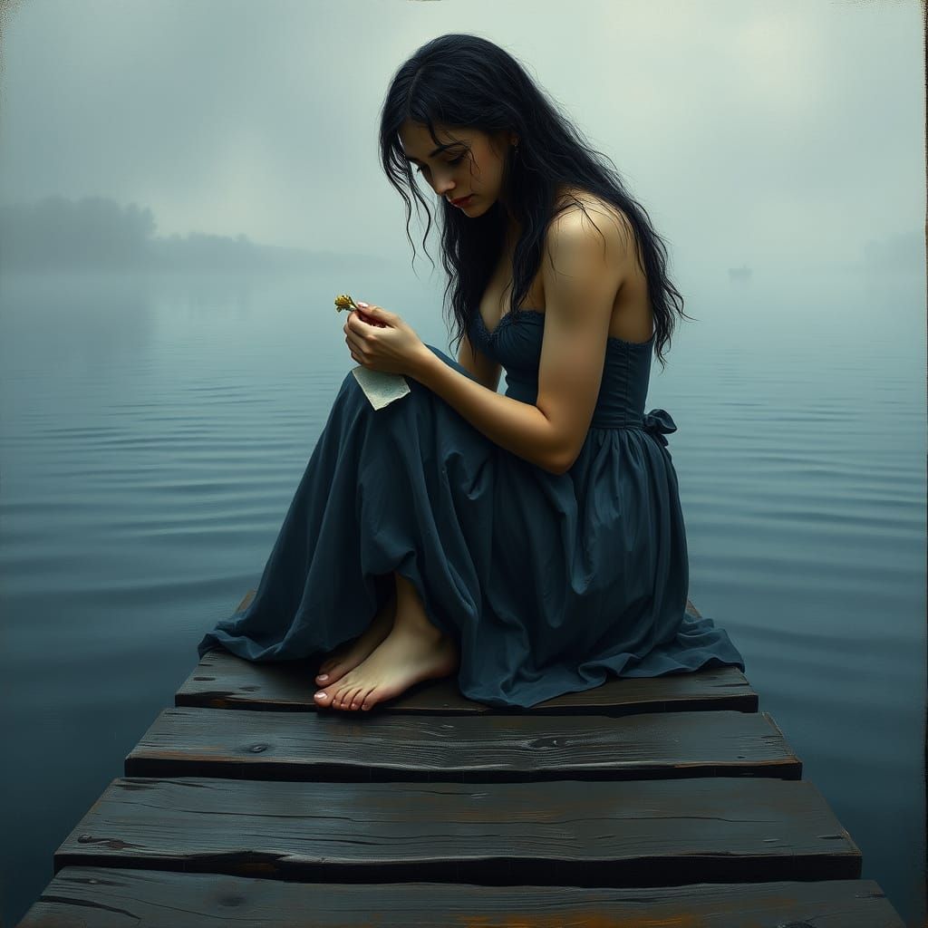 Melancholic Beauty on a Rainy Lake Dock