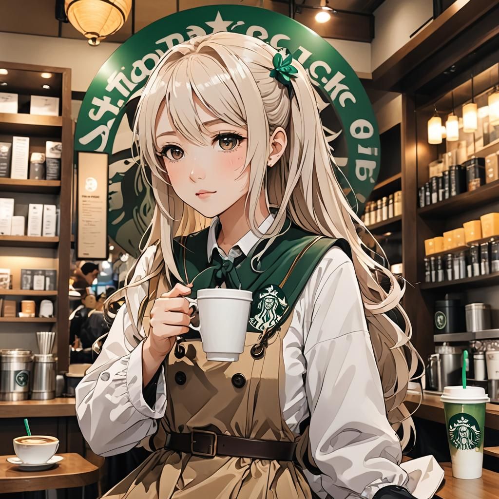 Anime Girl Drinking Coffee at Starbucks