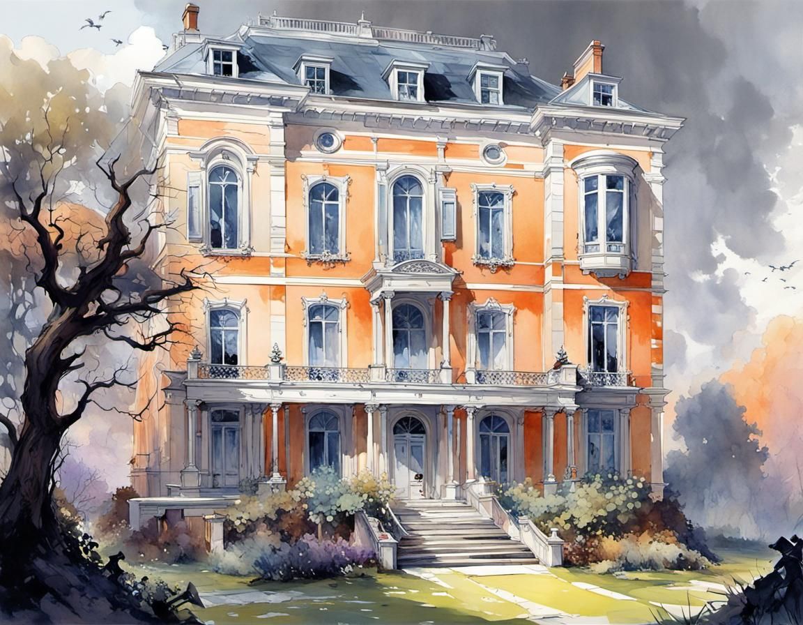 Sci-Fi Georgian Manor in Watercolor Style