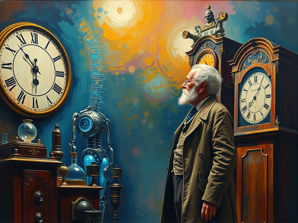 Surreal Time Portal: Scientist and Cyborg in Oil Painting St...