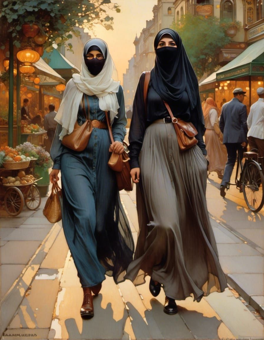 Niqabi Women Strolling in a Nostalgic City