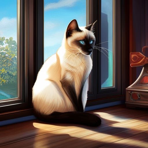 Siamese Cat Licking Paw, Hyperdetailed Digital Art