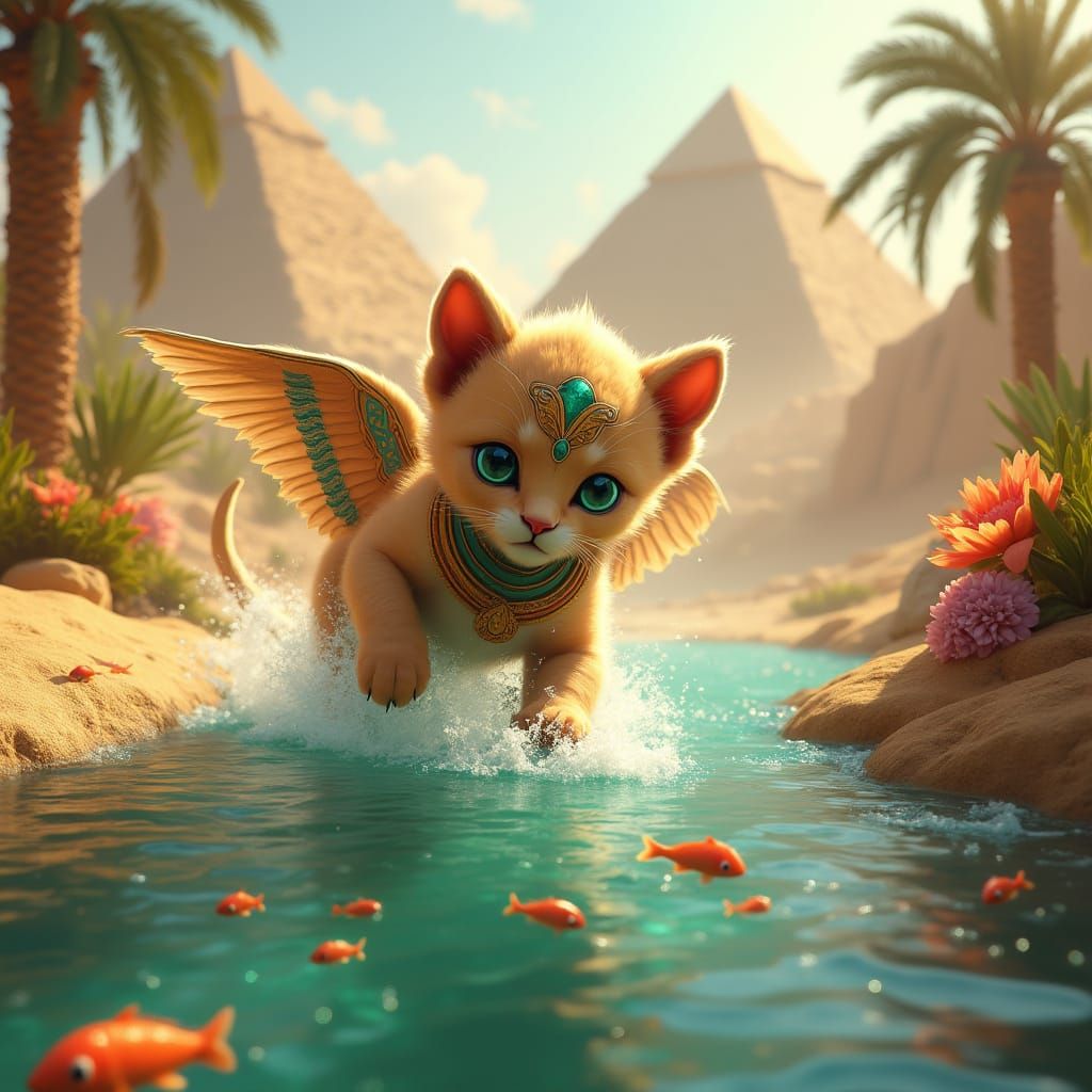 Egyptian Sphinx Cub in Vibrant Nile River Landscape