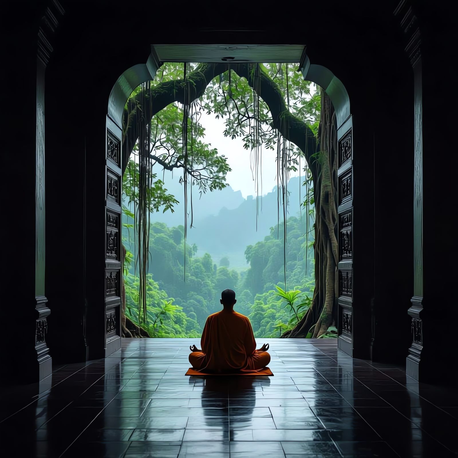 Monk Meditating at Giant Gate with Banyan Trees