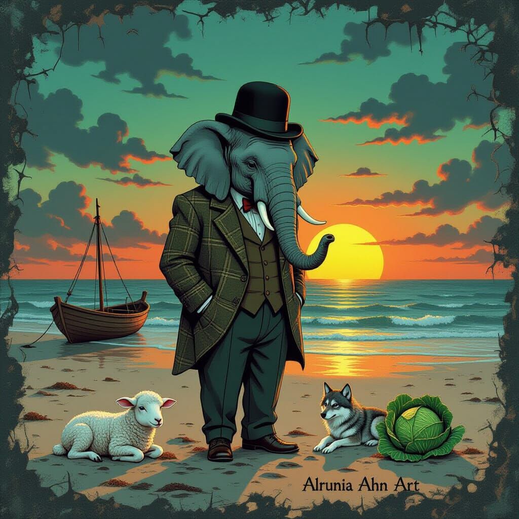 Melancholic Elephant on Desolate Beach in Vintage Style