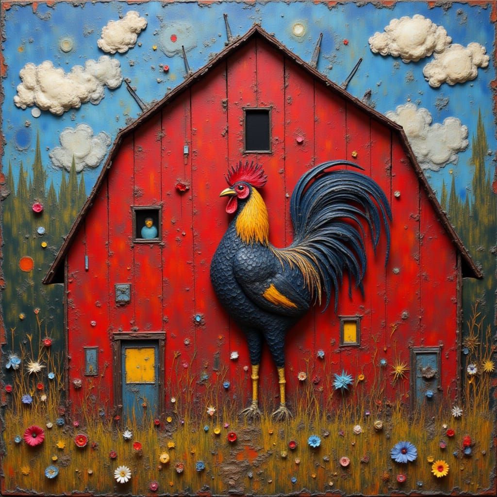 Impasto Rooster Portrait on Red Barn