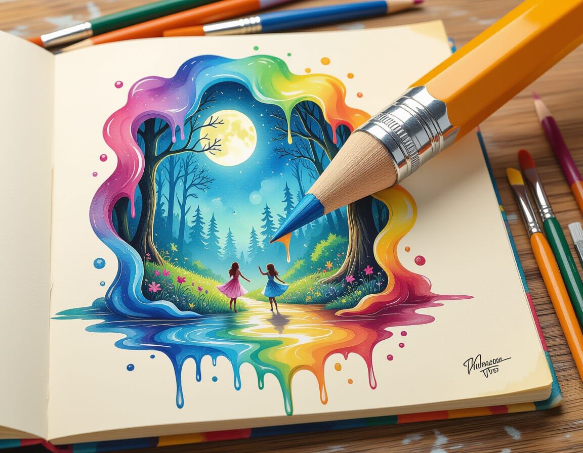 Magic World Emerges from Melting Pencil, Impressionist Style