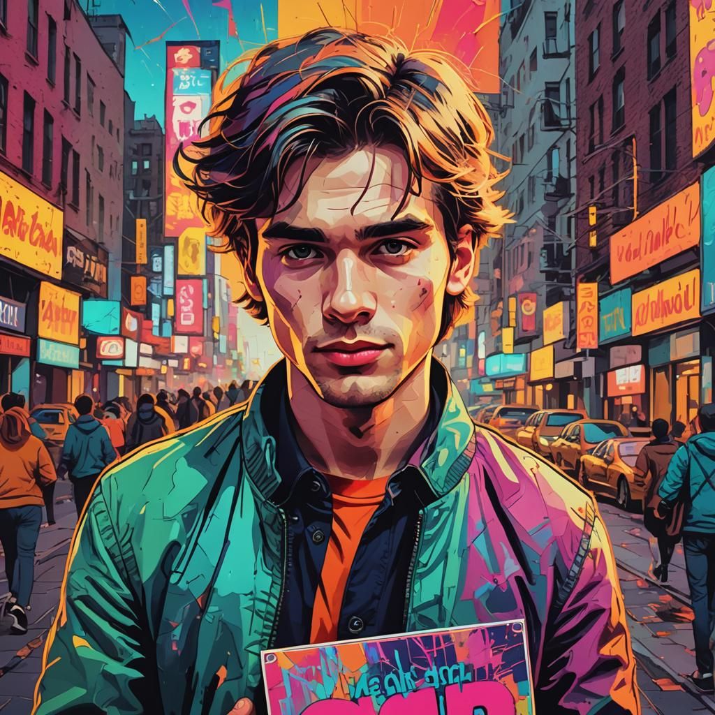 Pop Art Portrait: Man with Sign in Cityscape