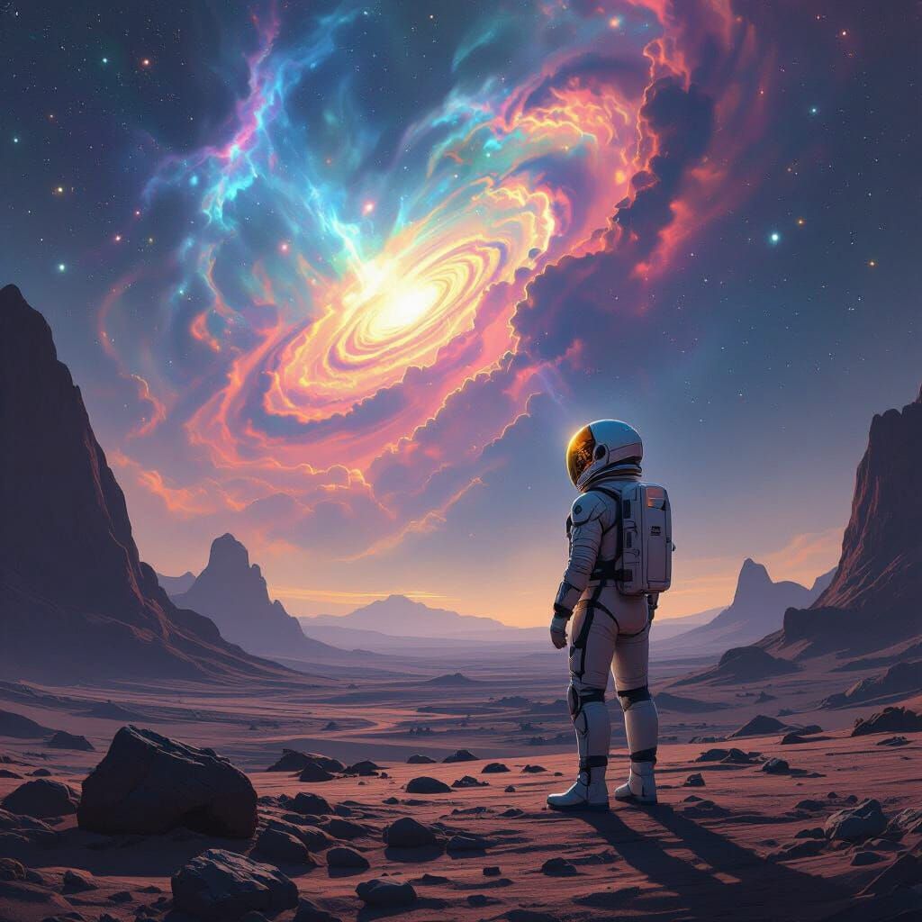 Astronaut on Alien Planet Gazing at Nebula