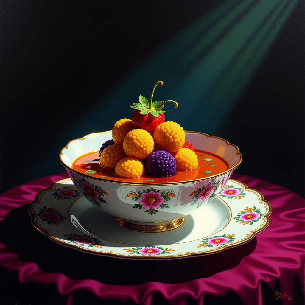 Surrealist Dish on Ornate Plate in Dramatic Light