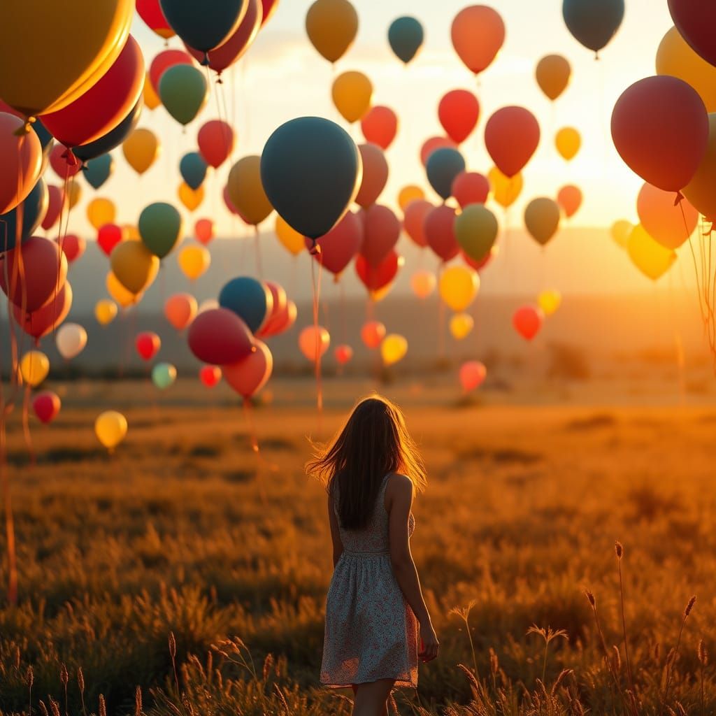 Balloons floating at golden hour