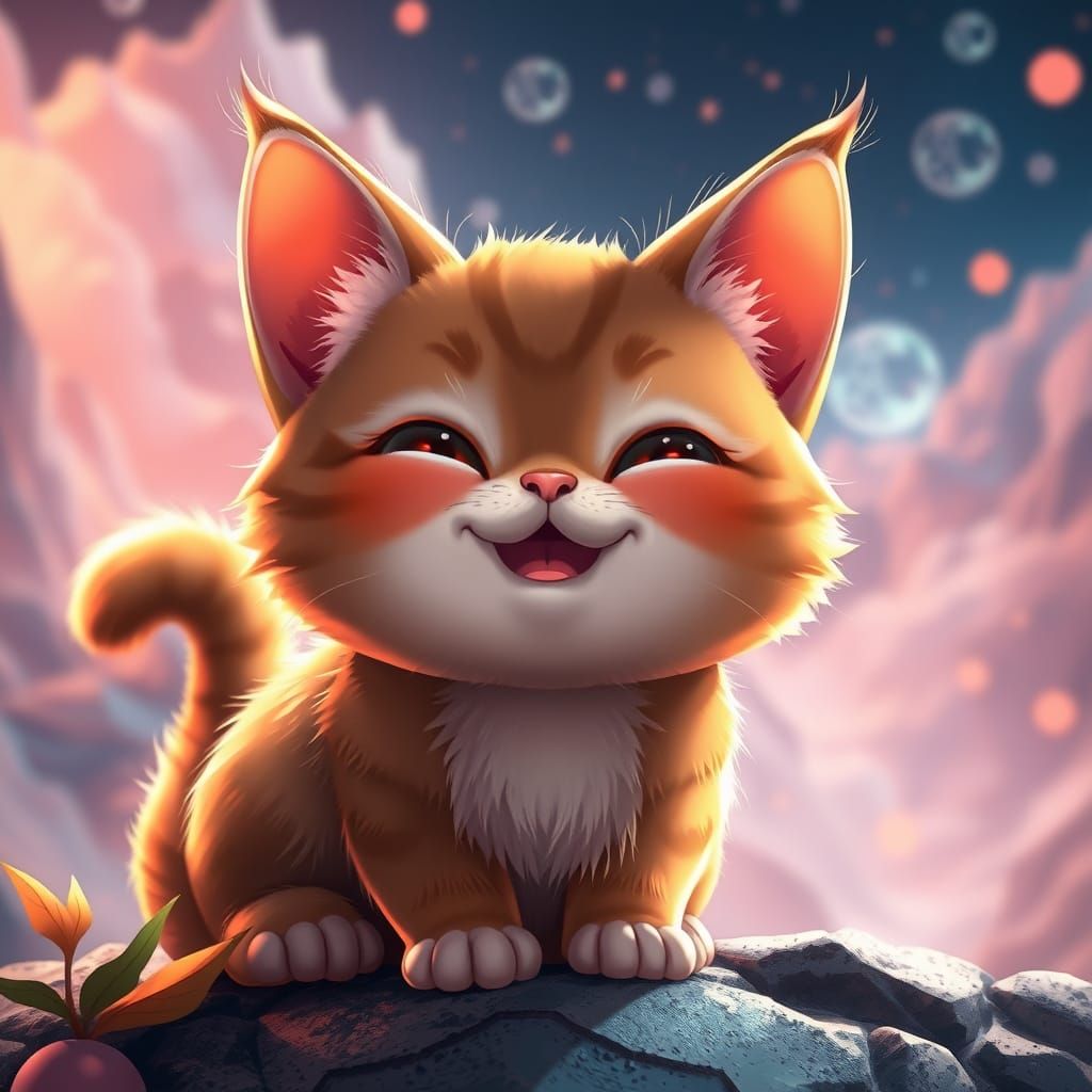 Charming Chibi Cat in Vibrant Fantasy Landscape
