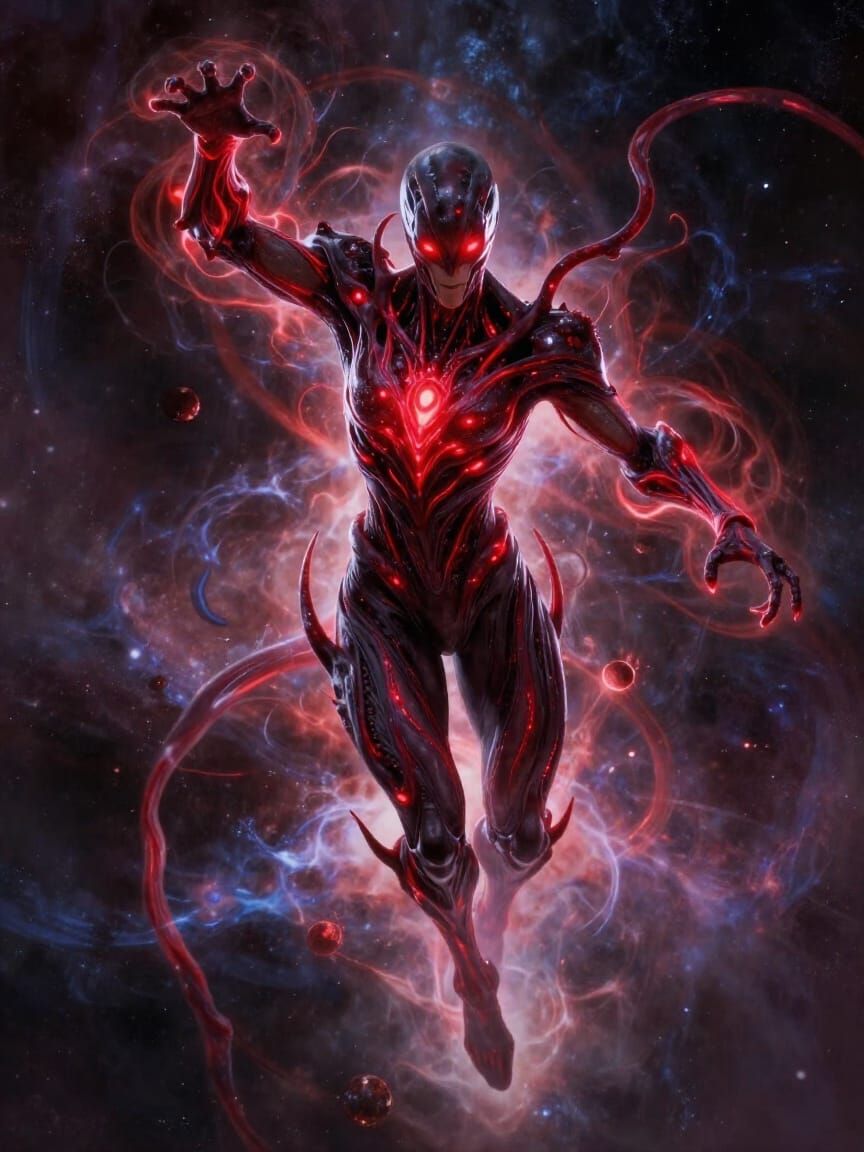 Cosmic Warrior Battles Entities in Dark Comic Style