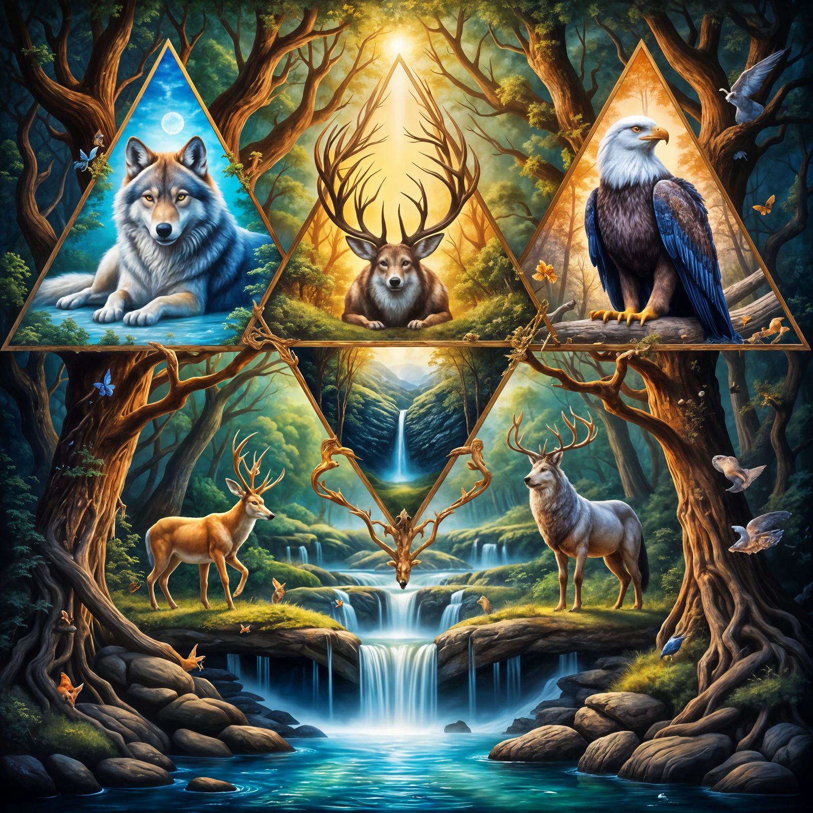 Animal Triangles Around Forest Circle Oil Painting