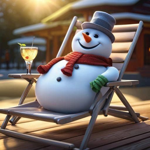 Hyperrealistic Snowman Relaxing in the Sun