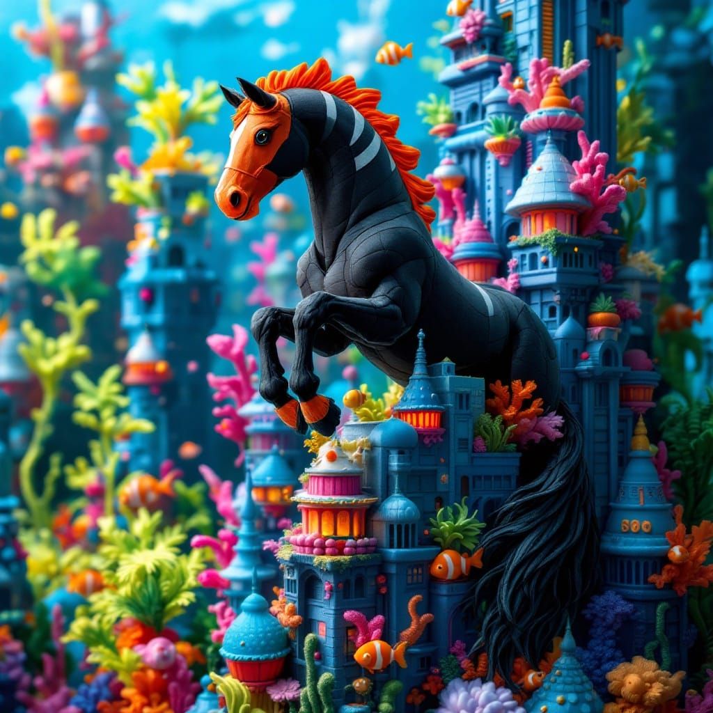 Horse-Clownfish Hybrid in Quilted 3D Cityscape