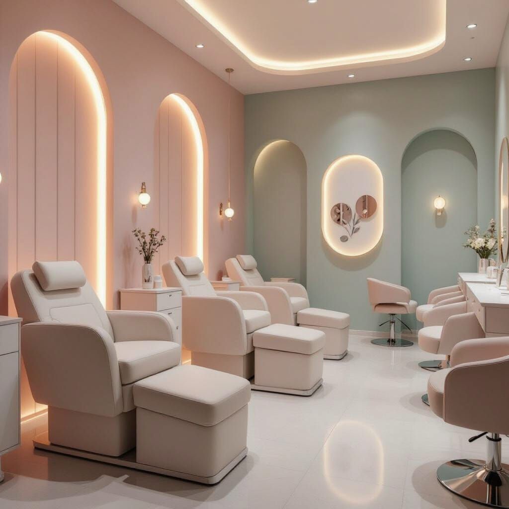 Stylish Nail Salon with Pedicure Chairs in Minimalist Style